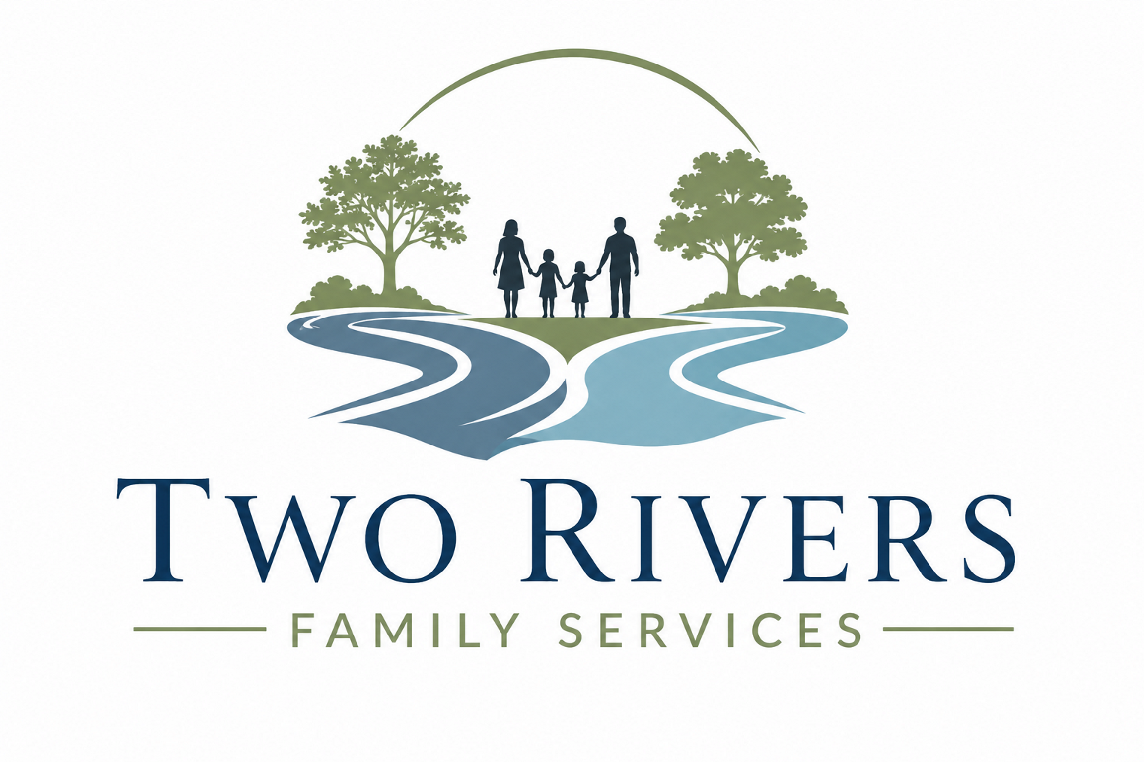 A logo for Two Rivers Family Services, featuring a family and a river.