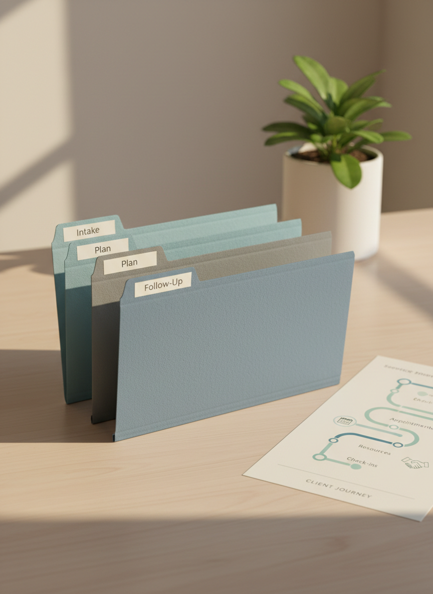 A neatly stacked set of three textured folders in muted blues and grays, each with a labeled tab reading “Intake,” “Plan,” and “Follow-Up,” resting on a smooth, pale wooden table. Beside the stack lies a printed service roadmap: a clean, infographics-style sheet showing a gentle, winding path with milestones and icons for appointments, resources, and check-ins. A small, understated desk plant in a white ceramic pot adds a touch of green in the background, softly out of focus. Warm, indirect afternoon light from an unseen window casts gentle shadows and a welcoming glow. Photographic realism at a slight three-quarter angle highlights professionalism, structure, and ongoing support in a clean, modern composition.