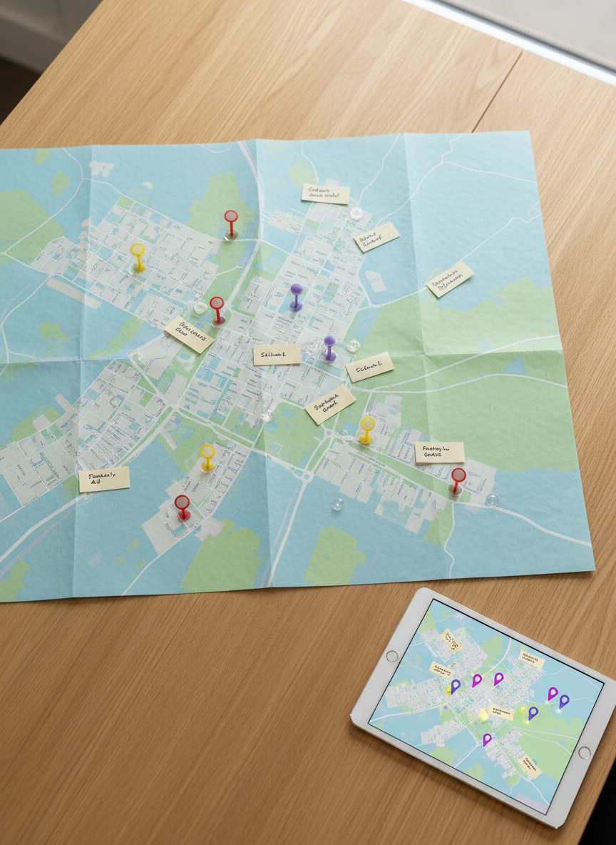 A detailed, overhead view of a large, softly tinted city map spread across a light oak table, its neighborhoods outlined in pale blues and greens. Small, color-coded markers and sticky flags indicate key community resources such as clinics, schools, and support centers, each annotated with tiny, legible notes. At the map’s edge lies a slim tablet displaying a matching digital map with pins aligned to the physical markers. Diffused, overcast daylight from above provides even, shadow-free illumination, emphasizing clarity and legibility. Photographic realism with sharp focus throughout creates a sense of thoroughness and reliability. The mood is professional, grounded, and quietly optimistic, underscoring the breadth of options available to families seeking guidance.