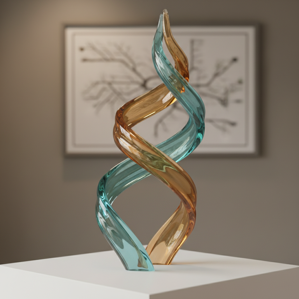 A pair of intertwined, flowing glass sculptures resembling two rivers merging, one a soft teal and the other a gentle amber, mounted on a smooth white pedestal. The glass has a subtle translucence, with delicate ripples and curves suggesting movement and connection. Behind them, a minimalist wall painted in warm gray features a discreet, out-of-focus framed print of a simple map with branching lines. Soft studio lighting from above and the side creates luminous highlights along the glass edges and soft shadows on the pedestal. Captured in photographic realism with a centered composition and clean negative space, the mood is professional, hopeful, and serene, symbolizing families navigating life’s currents together.