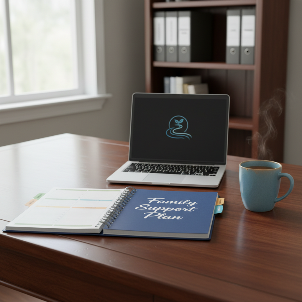A polished wooden desk in a quiet home office, topped with a neatly arranged, open spiral-bound planner titled “Family Support Plan,” color-coded tabs peeking from its edges. Beside it rests a silver laptop displaying a simple, calming river-themed logo, and a soft blue ceramic mug filled with tea. Through a nearby window, diffused daylight spills across the surface, casting gentle shadows and subtle highlights on the paper’s texture. The background fades into a softly blurred bookshelf with labeled binders like “Resources” and “Community Services.” Photographic realism at eye level, using a shallow depth of field, creates a calm, professional atmosphere that suggests organization, guidance, and support without visual clutter.