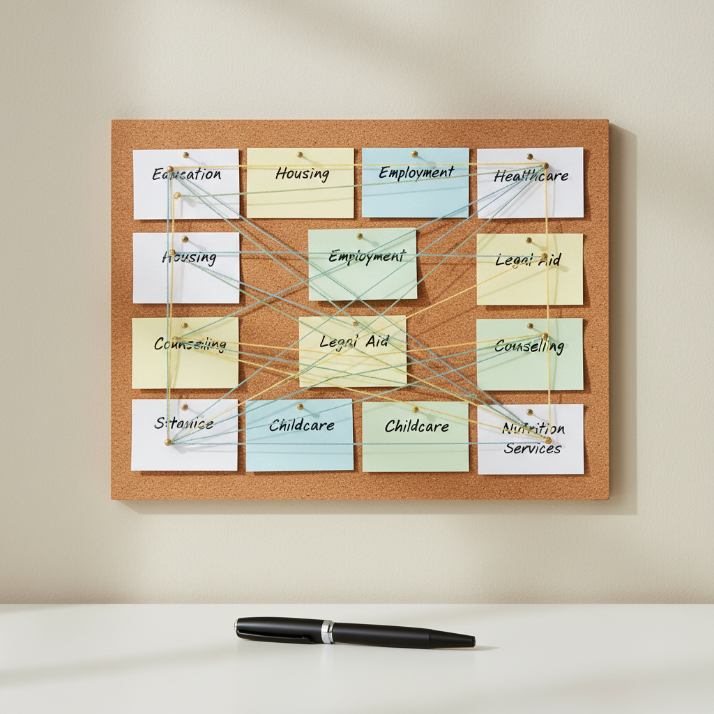 A close-up of a meticulously organized corkboard mounted on a light neutral wall, filled with pinned index cards and soft-toned sticky notes labeled with words like “Education,” “Healthcare,” “Housing,” and “Counseling.” Thin colored strings connect the cards in gentle, branching paths, forming a clear visual map of services. A sleek black pen rests on a nearby white desk surface at the bottom edge of the frame. Natural daylight from a side window creates a soft, even illumination, with faint textured shadows from the string and pins. Photographic realism from a slightly elevated angle emphasizes clarity and order. The atmosphere is calm, structured, and reassuring, evoking the careful planning and coordination involved in professional service facilitation.
